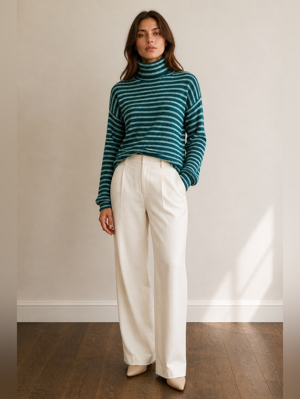 Talbots Textured Stripe Knit Sweater Teal Turtleneck Relaxed Quiet Luxury M NWOT